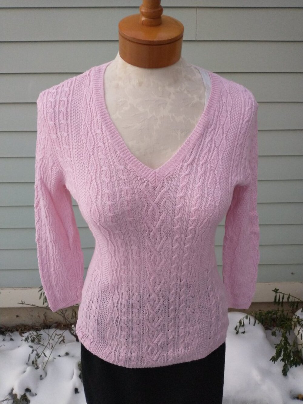 Sweater: linen, pink mixed cable knit, 3/4 sleeve. Size small - by Ralph Lauren